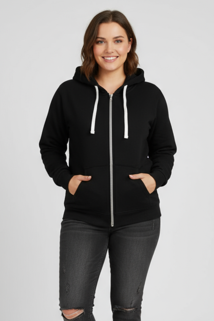 Women’s Zip Hoodie with Drawstring Hood and Front Pockets