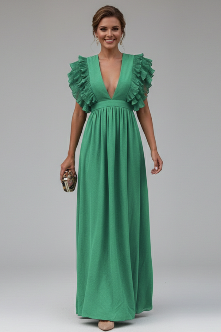 Women’s long dress with V-neck and ruffled sleeves