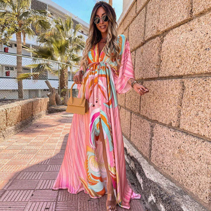 V-neck belted abstract print dress for women