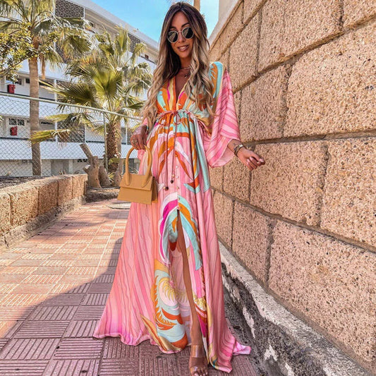 V-Neck Belted Abstract Print Dress for Women